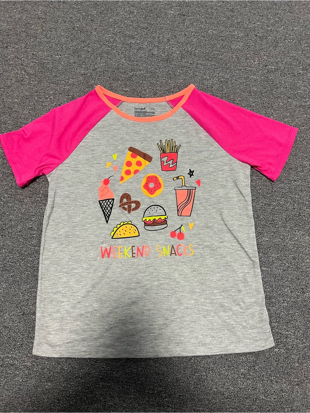 Cat & Jack Girl’s Grey Tee with Pink Raglan Sleeves and Snack Graphic